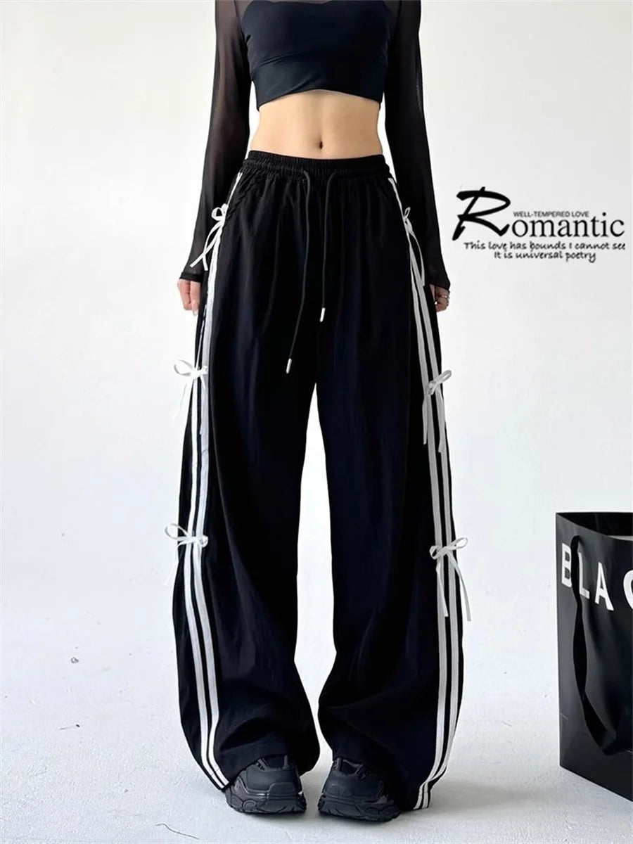 Pantalones de pierna ancha con lazo a rayas laterales Retro para mujer, pantalones deportivos informales de cintura alta, pantalones Cargo Harajuku, ropa de calle, Joggers de Hip Hop