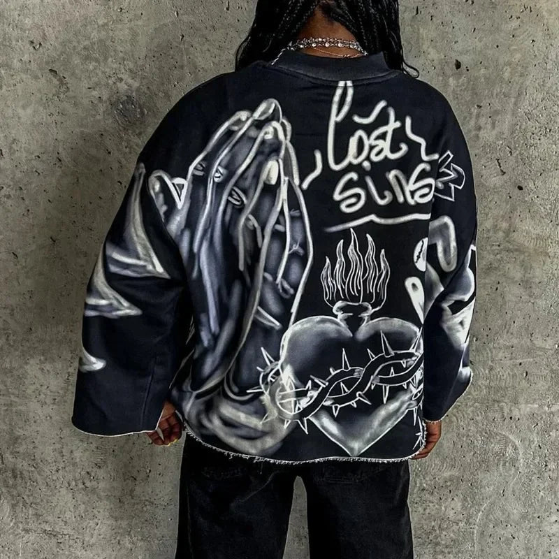 Nueva sudadera retro americana de calle hip-hop de gran tamaño con estampado de manga larga para hombres Y2k Harajuku moda casual suelta pareja sudadera