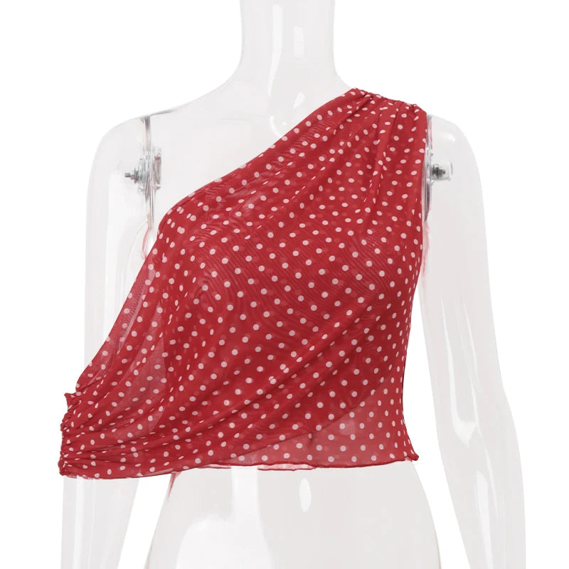 WhereMery Vintage lunares sin mangas Slim Crop Tops Y2K Sexy hombro inclinado chaleco de mujer 2025 verano Casual Fiesta Club Camis YUNO STUDIOS