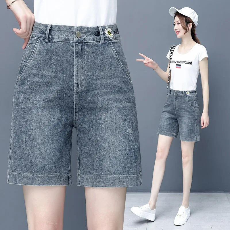 Plones vaqueros de pierna ancha de cintura alta para mujer, novedad de verano, estilo fino, cinco-siete, sueltos, adeaz...