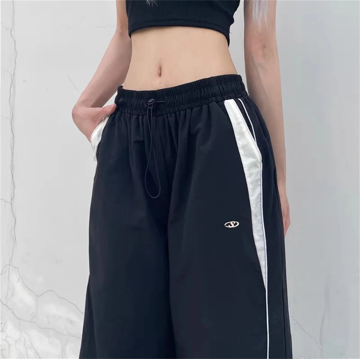 Pantalones de pierna ancha con lazo a rayas laterales Retro para mujer, pantalones deportivos informales de cintura alta, pantalones Cargo Harajuku, ropa de calle, Joggers de Hip Hop