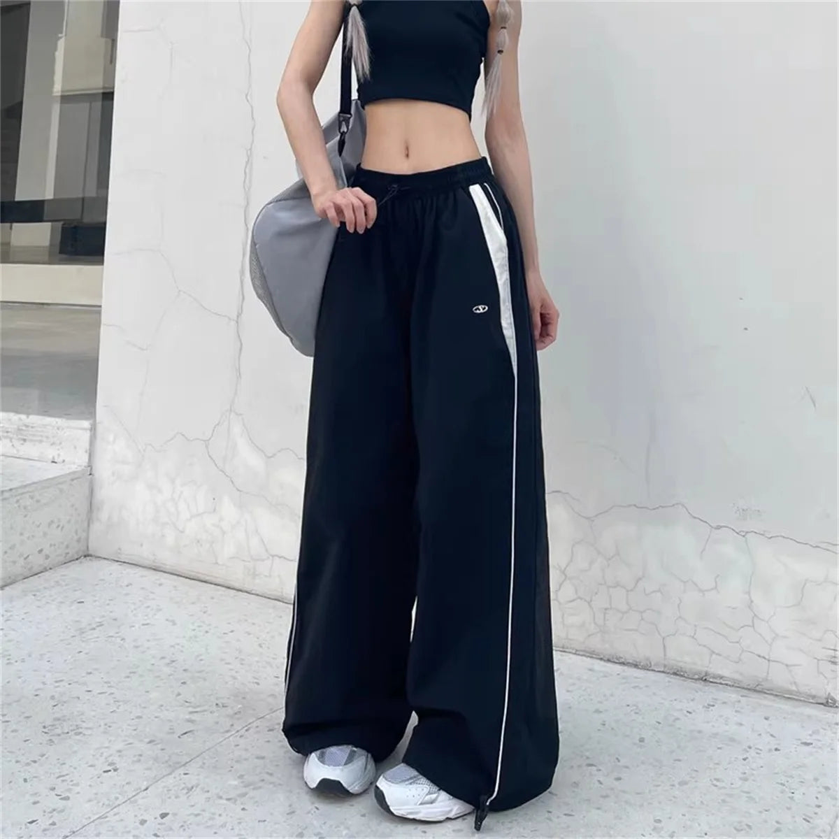 Pantalones de pierna ancha con lazo a rayas laterales Retro para mujer, pantalones deportivos informales de cintura alta, pantalones Cargo Harajuku, ropa de calle, Joggers de Hip Hop
