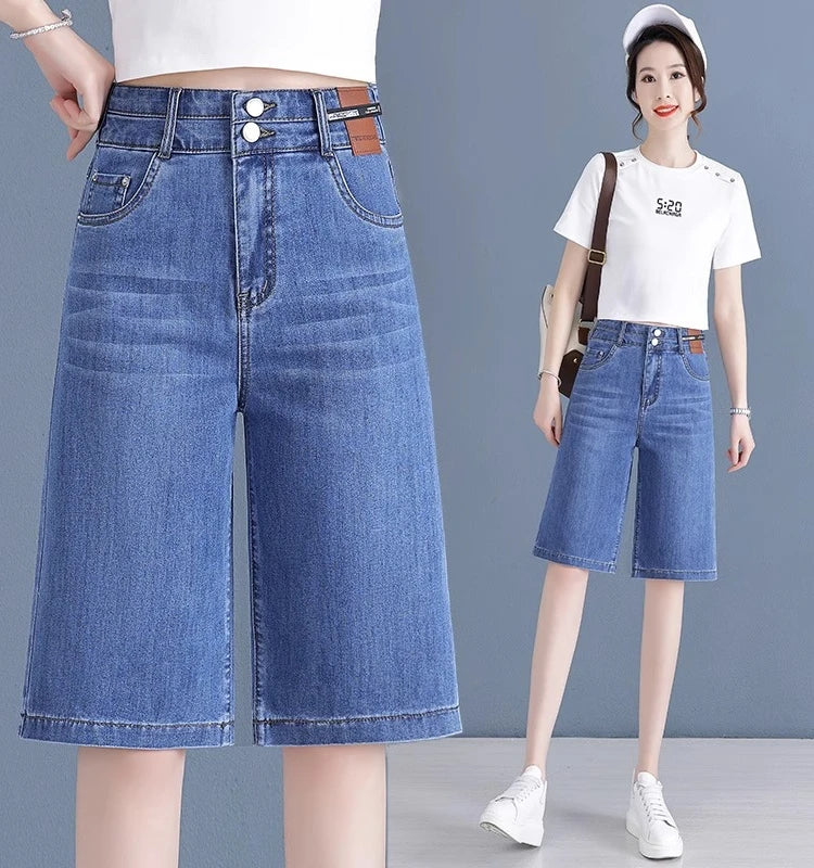 Plones vaqueros de pierna ancha de cintura alta para mujer, novedad de verano, estilo fino, cinco-siete, sueltos, adeaz...