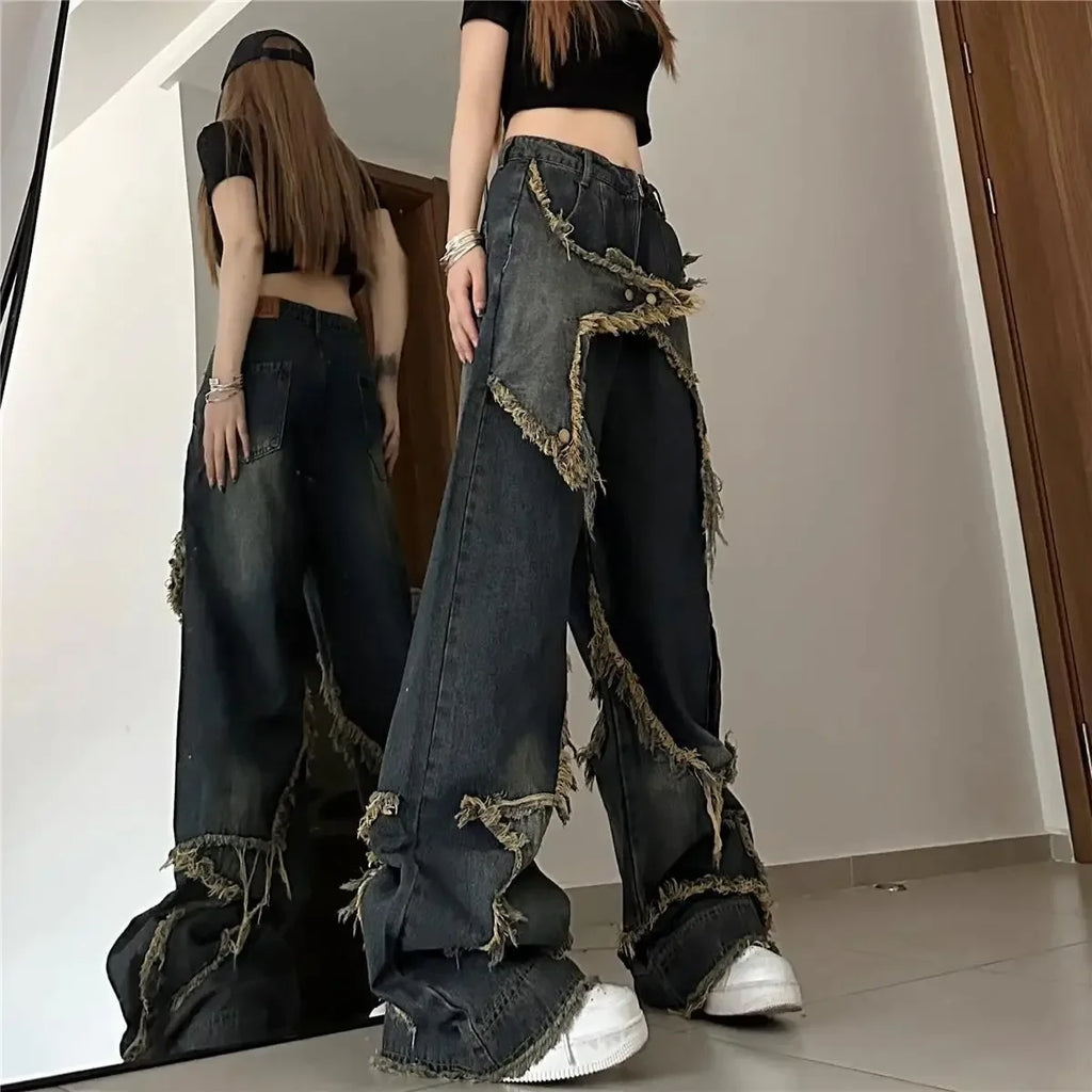 Nuevos pantalones vaqueros con dobladillo deshilachado y estrella de cinco puntos lavados Vintage americanos para mujer, pantalones largos de pierna recta de gran tamaño con nicho de calle alta