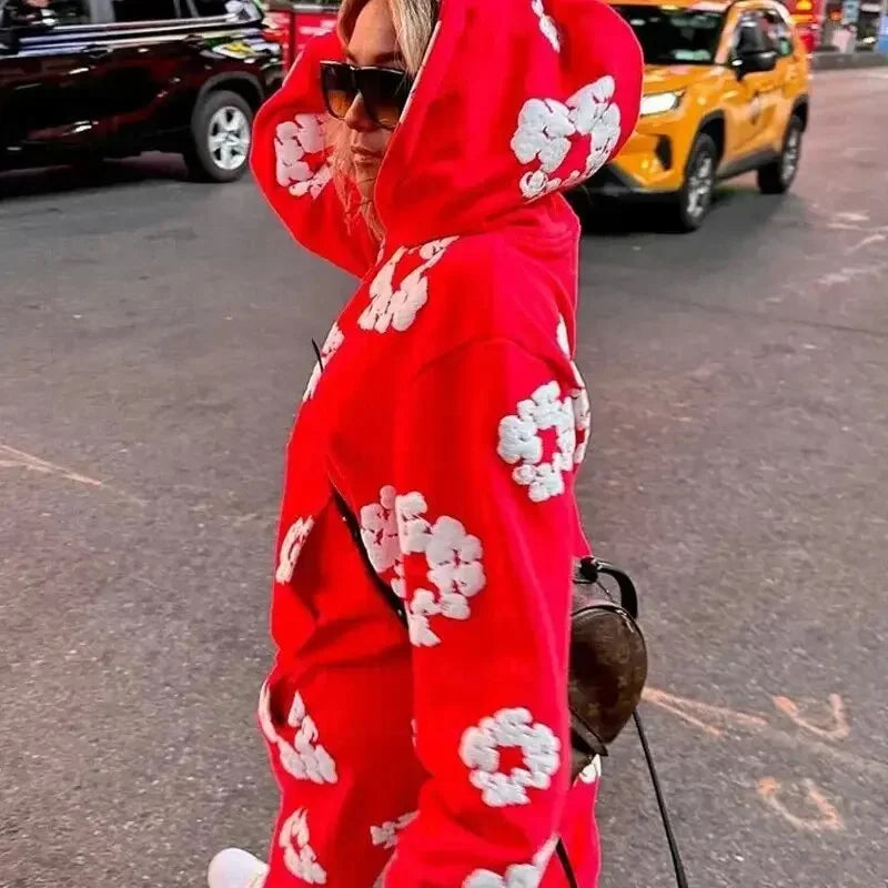 Sudadera con capucha de franela de algodón holgada, traje informal estilo callejero, sudadera con capucha Y2K, conjunto de ocio para parejas americanas de calle alta