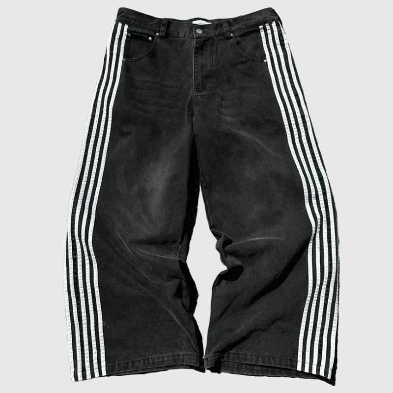 Pantalones vaqueros holgados Y2K de alta calidad, pantalones de chándal Harajuku bordados a rayas, ropa informal estilo Hip Hop para hombres y mujeres, pantalones vaqueros de pierna ancha informales YUNO STUDIOS